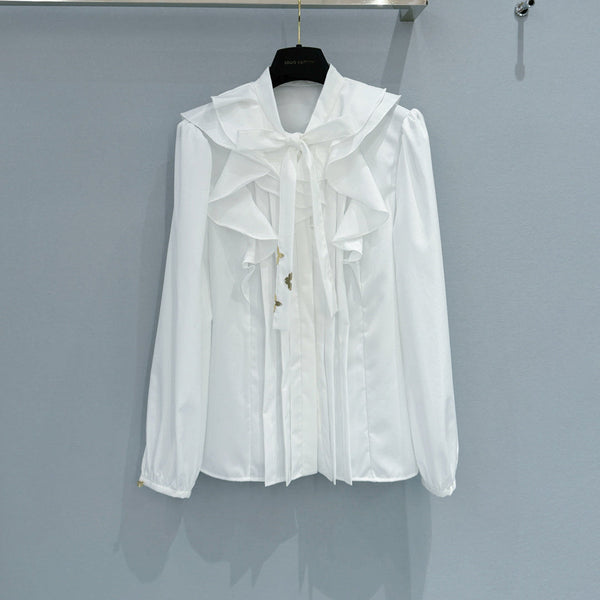 LV Ruffled Tie-Neck White Shirt White in Chiffon Fabric 221056