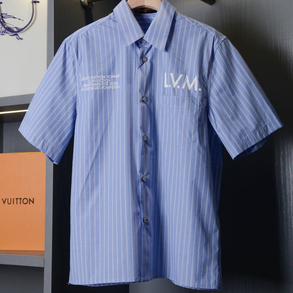 LV Striped Short-Sleeve Shirt Blue in Cotton Poplin 220323