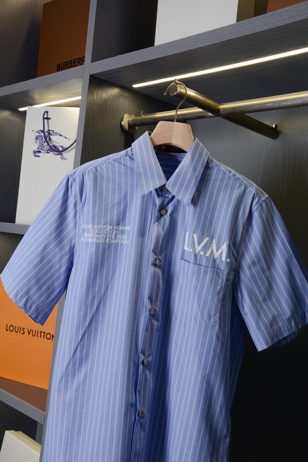 LV Striped Short-Sleeve Shirt Blue in Cotton Poplin 220323