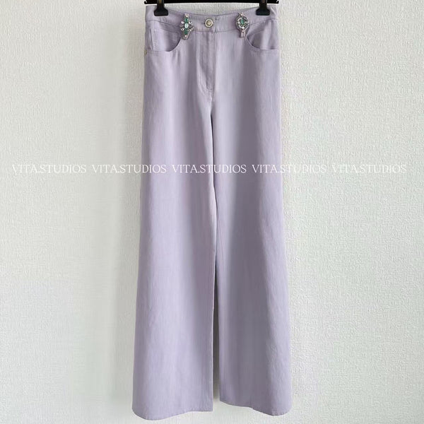 Chanel Rhinestone-Button Waist Trousers Purple in Cotton 236933