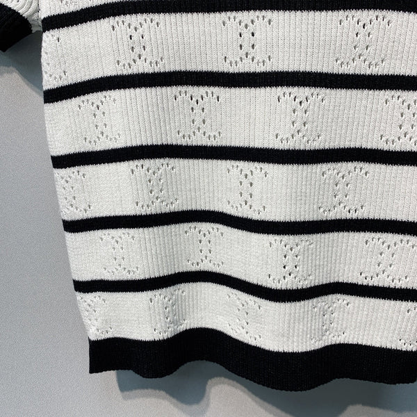 Chanel 26 Striped Knit Short-Sleeve T-Shirt Black White in Tencel  254162