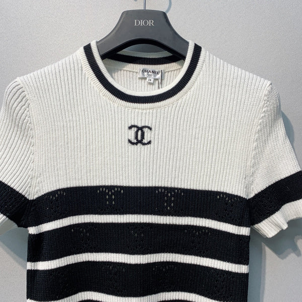 Chanel 26 Striped Knit Short-Sleeve T-Shirt White Black in Tencel 254161