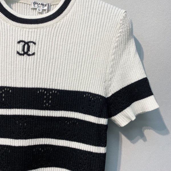 Chanel 26 Striped Knit Short-Sleeve T-Shirt White Black in Tencel 254161