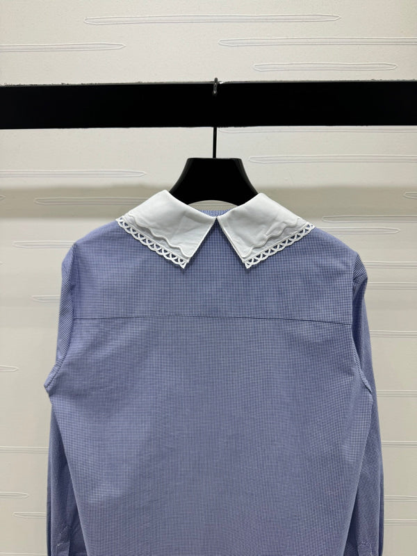 Miu Miu 26 Collar Plaid Shirt Blue in Cotton 254535