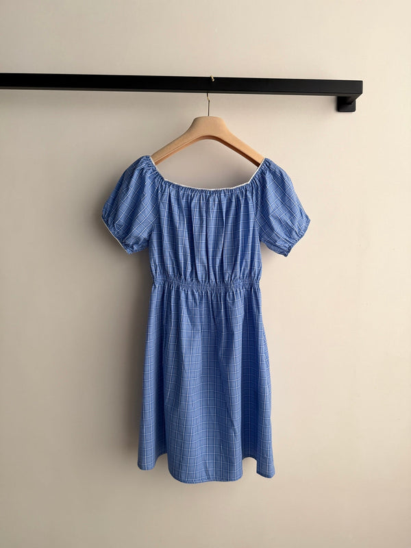 Miu Miu 26 Blue and White Checkered Off-Shoulder Dress in Cotton 251673