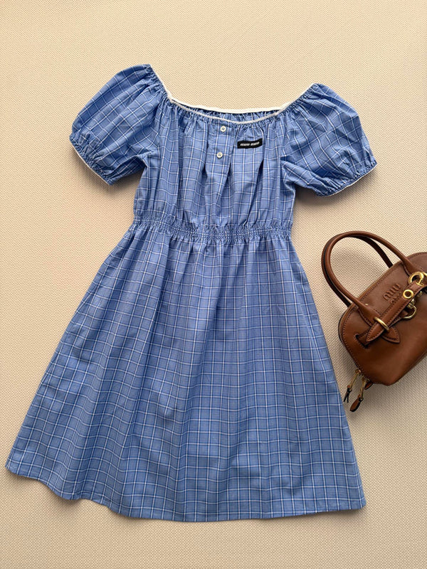 Miu Miu 26 Blue and White Checkered Off-Shoulder Dress in Cotton 251673