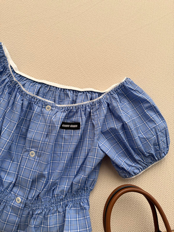 Miu Miu 26 Blue and White Checkered Off-shoulder Top in Cotton 251670