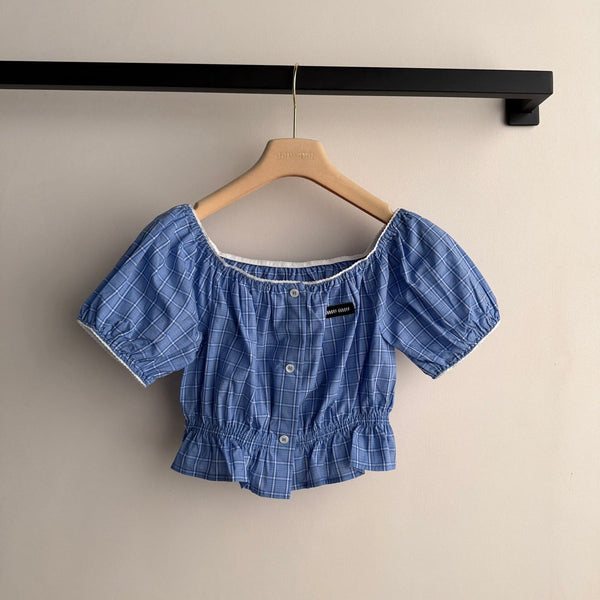 Miu Miu 26 Blue and White Checkered Off-shoulder Top in Cotton 251670