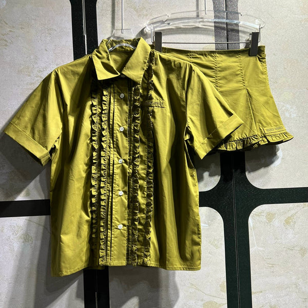 Miu Miu Green Ruffled Short-Sleeve Shirt + Skirt in Cotton 250945
