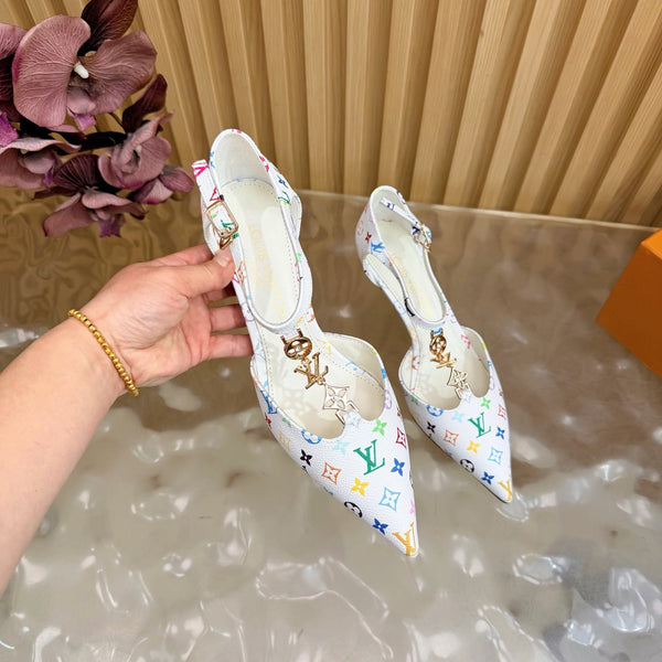 LV 6AM Slingback Pump 65 White in Monogram Cowhide 703071