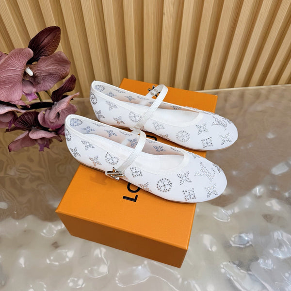 LV Romy Flat Ballerina White in Mesh with Rhinestones 703064