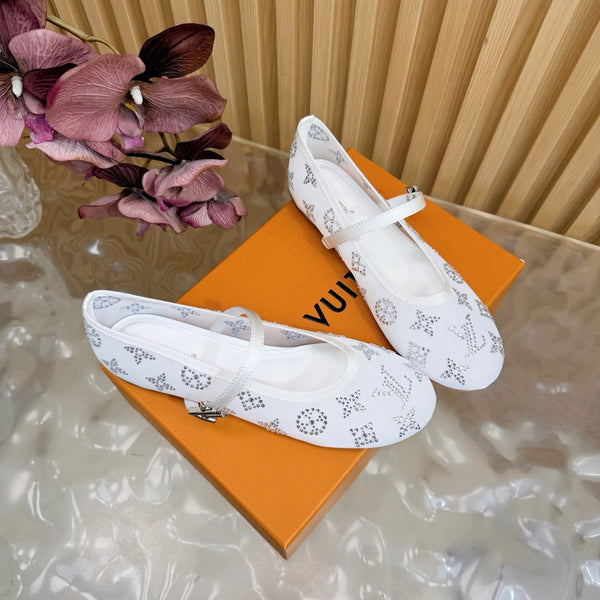 LV Romy Flat Ballerina White in Mesh with Rhinestones 703064