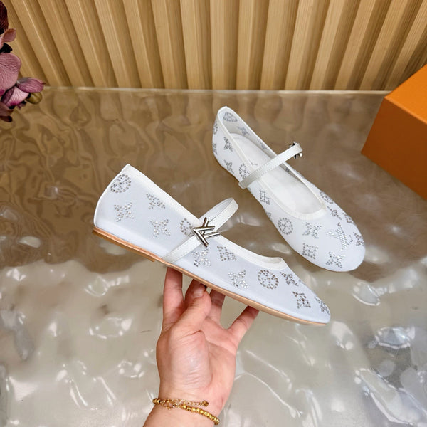 LV Romy Flat Ballerina White in Mesh with Rhinestones 703064