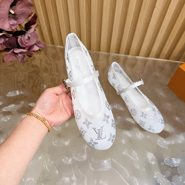 LV Romy Flat Ballerina White in Mesh with Rhinestones 703064