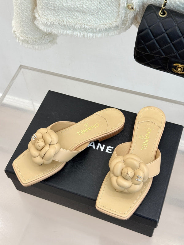 Chanel 26 Camellia Flip-Flops Beige in Cowhide 706387