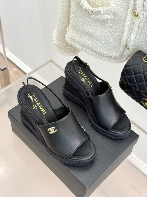 Chanel 26P Double C Rope Wedge Peep Toe Sandals Black in 706353