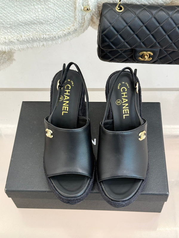 Chanel 26P Double C Rope Wedge Peep Toe Sandals Black in 706353
