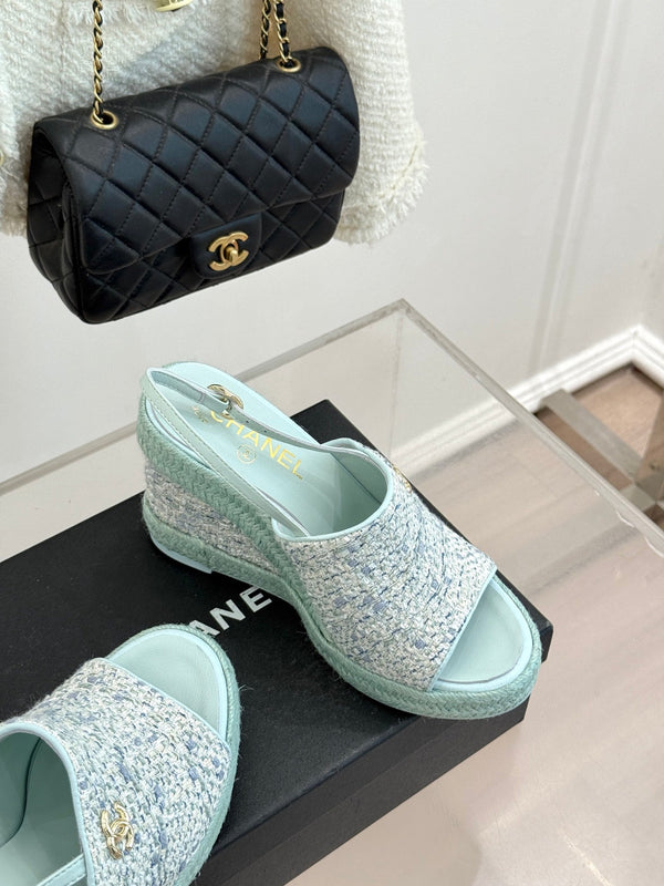 Chanel 26P Double C Rope Wedge Peep Toe Sandals Mint green in Knit 706350