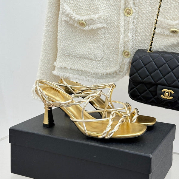 CC 26P Double C Strappy Square Toe High-Heeled 70 Sandals Gold in Cowhide 706345
