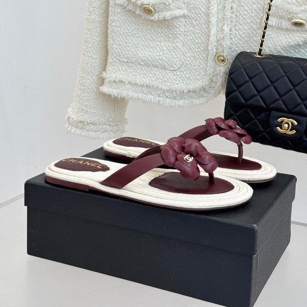 Chanel 26C Camellia Rope-Soled Flip-Flops Burgundy in Sheepskin 717716