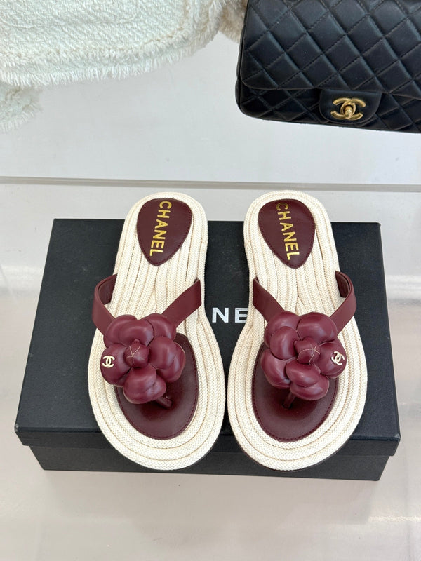 Chanel 26C Camellia Rope-Soled Flip-Flops Burgundy in Sheepskin 717716