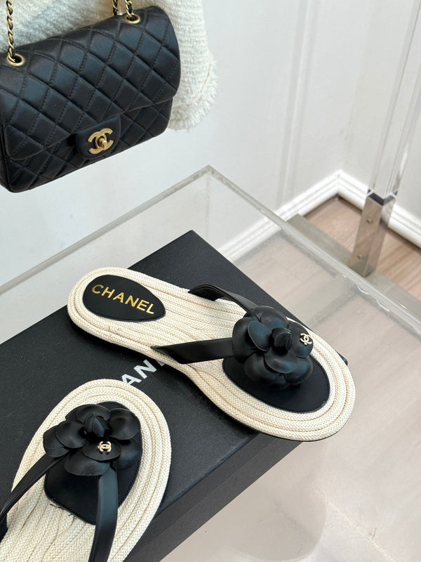 Chanel 26C Camellia Rope-Soled Flip-Flops Black in Sheepskin 717715