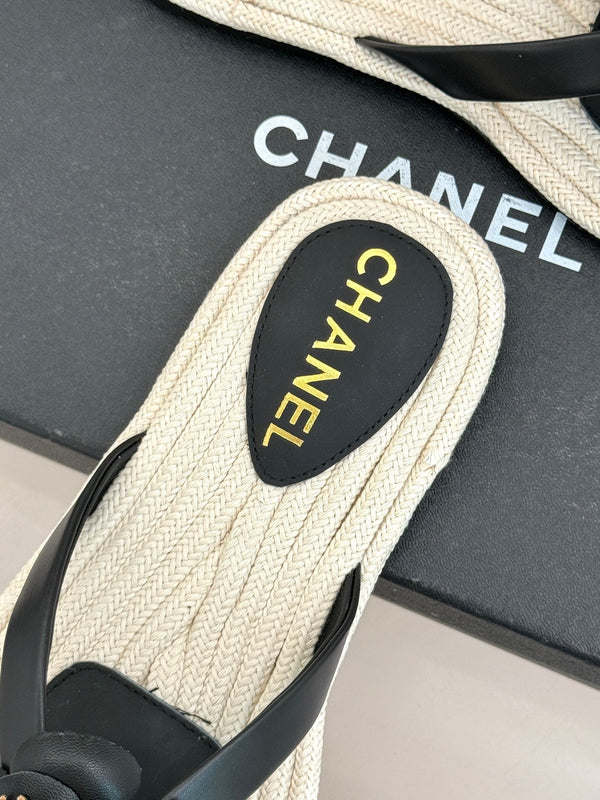 Chanel 26C Camellia Rope-Soled Flip-Flops Black in Sheepskin 717715