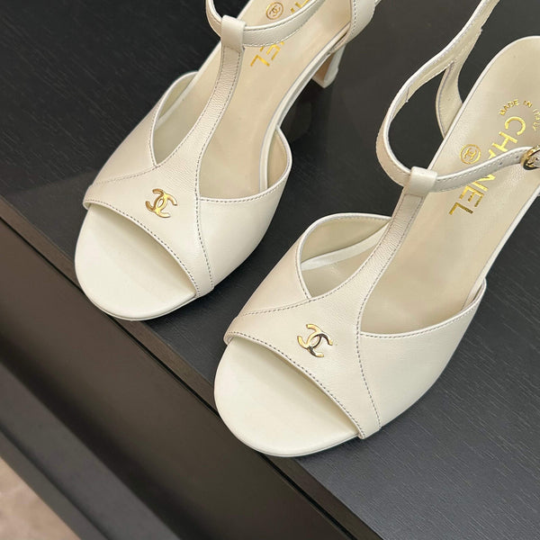 Chanel 26P Metallic Double C Stiletto Sandals 70 Ivory In Sheepskin 717713
