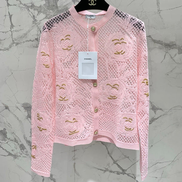 Chanel Embroidered Hollow-Out Cardigan Pink in Cotton 298308