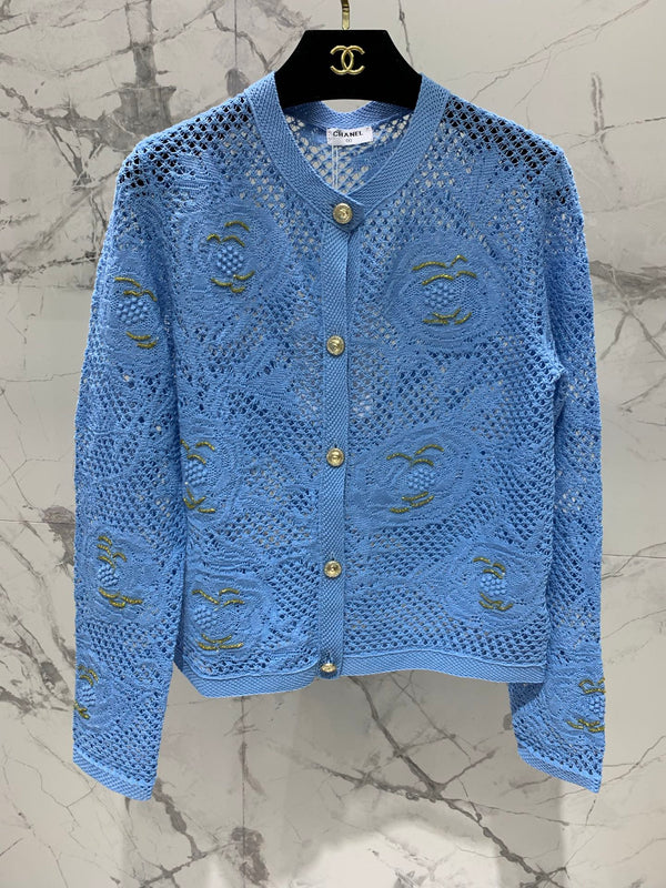 Chanel Embroidered Hollow-Out Cardigan Blue in Cotton 298307