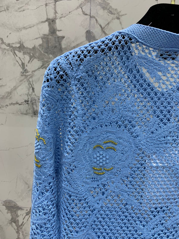 Chanel Embroidered Hollow-Out Cardigan Blue in Cotton 298307