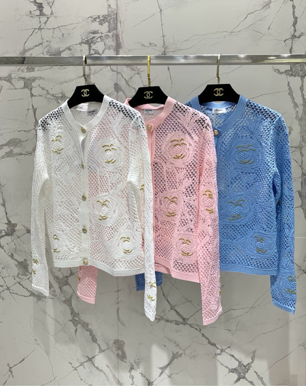Chanel Embroidered Hollow-Out Cardigan Blue in Cotton 298307