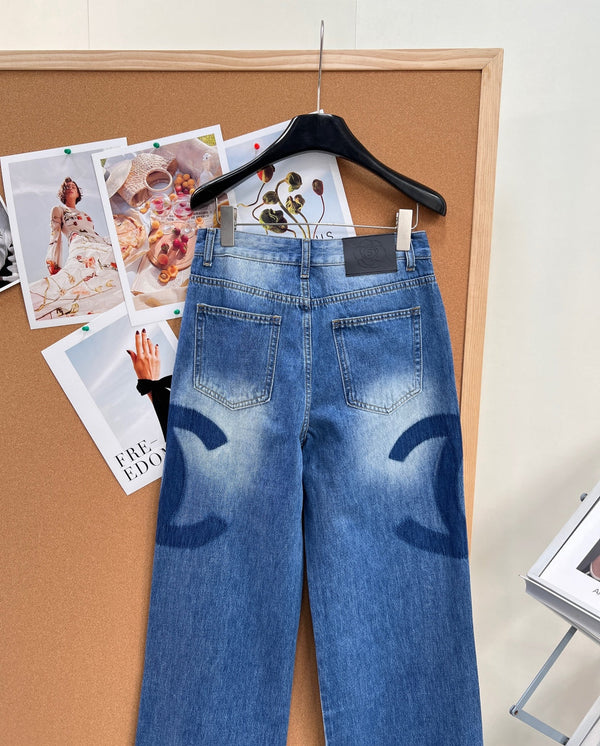 Chanel 26 Double C Logo Straight Leg Pants Blue in Cotton 298254