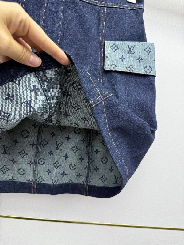 LV 26SS Denim Skirt Monogram Print Patchwork Decoration Dark Blue In Cotton 367728