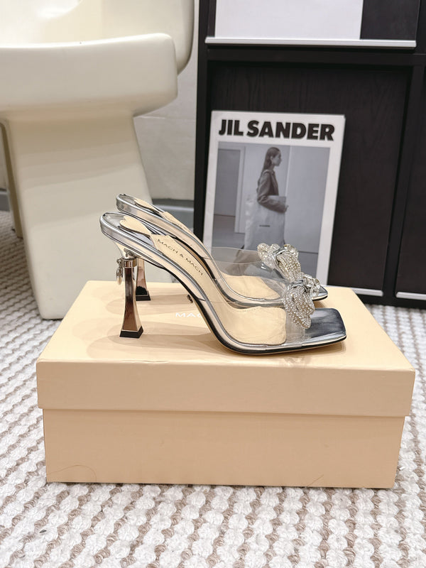 Mach & Mach 26 High Heels Crystal Sandals 95 Silver in Leather 722820