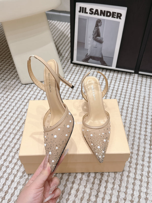 Mach & Mach 26 Pointed Toe High Heels 85 Crystal Nude Beige in Sheepskin 722817