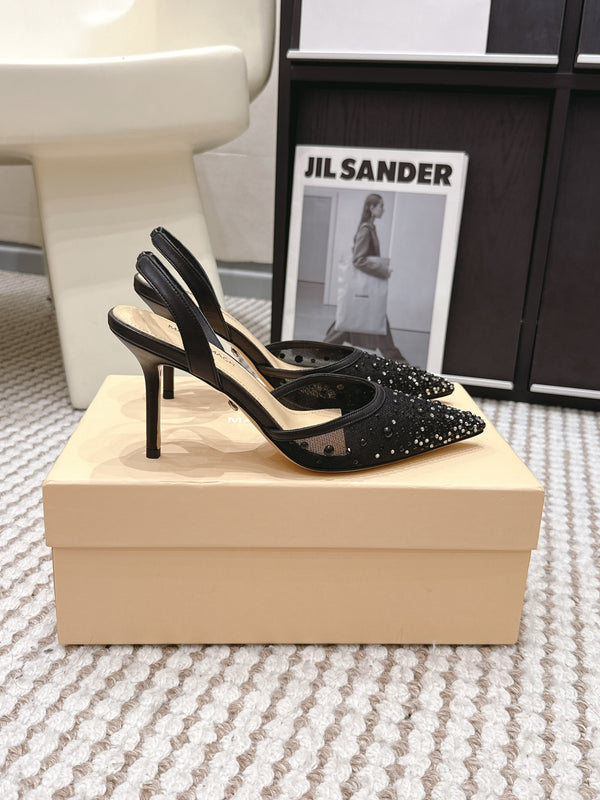 Mach & Mach 26 Pointed Toe High Heels 85 Crystal Black in Sheepskin 722816
