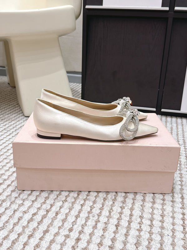 Mach & Mach 26SS Rhinestone Bow Flats Milk White in Silk 722449