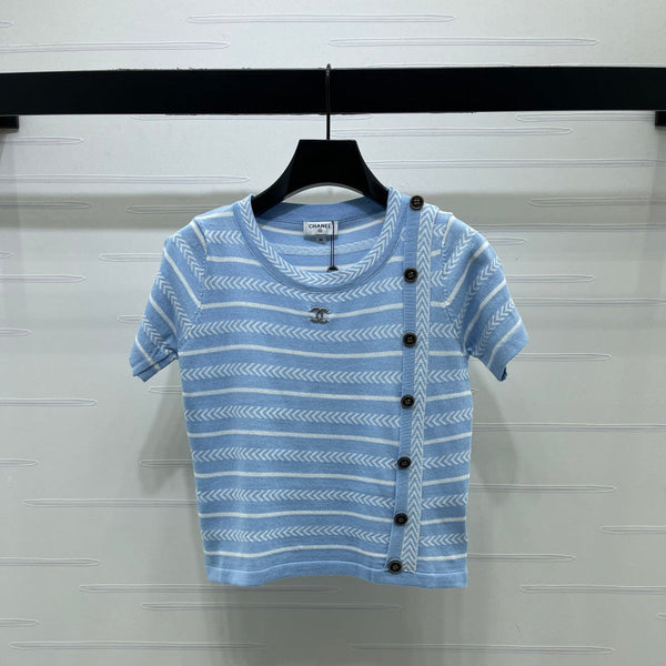 Chanel 26 Short-sleeved Top Blue in Nitrile Cotton 373097