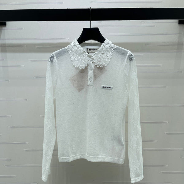 Miu Miu Collared Crochet Long-Sleeve Top White in Tencel 373141