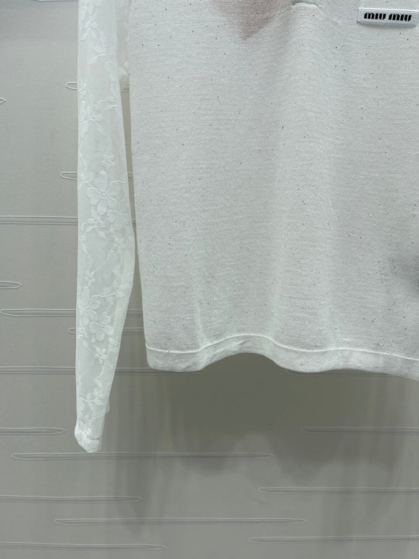 Miu Miu Collared Crochet Long-Sleeve Top White in Tencel 373141