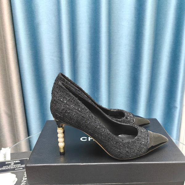 Chanel 26 Pointed Toe 85mm Pearl Black in Coarse Tweed 712805