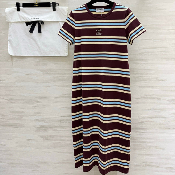 Chanel Striped T-shirt Dress Burgundy in Pure Cotton 375546