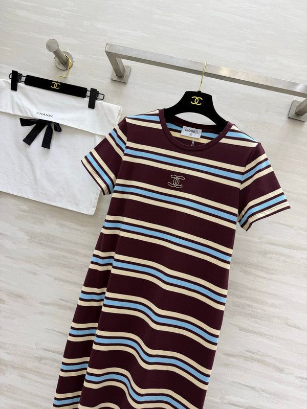 Chanel Striped T-shirt Dress Burgundy in Pure Cotton 375546