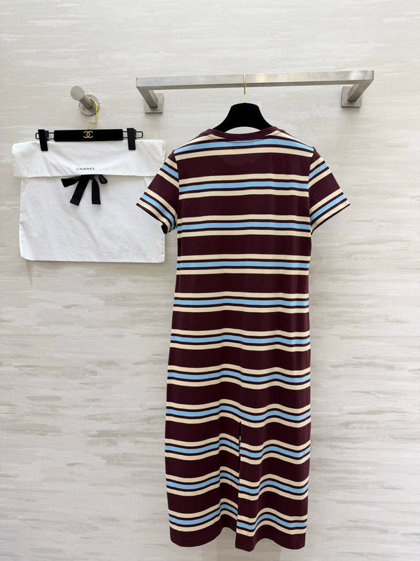 Chanel Striped T-shirt Dress Burgundy in Pure Cotton 375546
