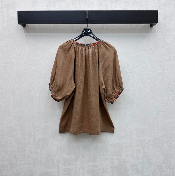LP Colorful Embroidered Lantern Sleeve Shirt Brown in Linen 375374