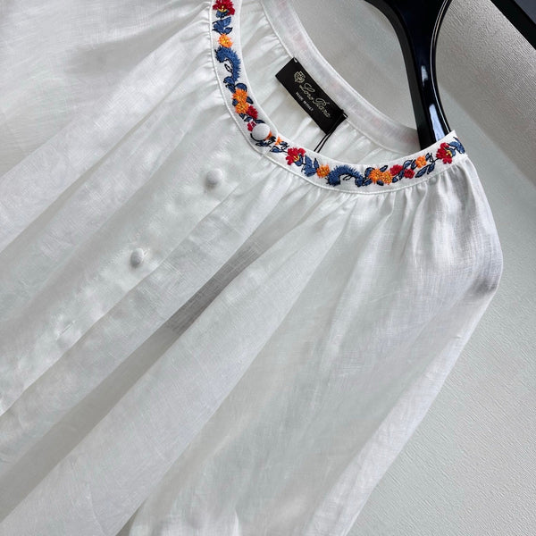 LP Colorful Embroidered Lantern Sleeve Shirt White in Linen 375372