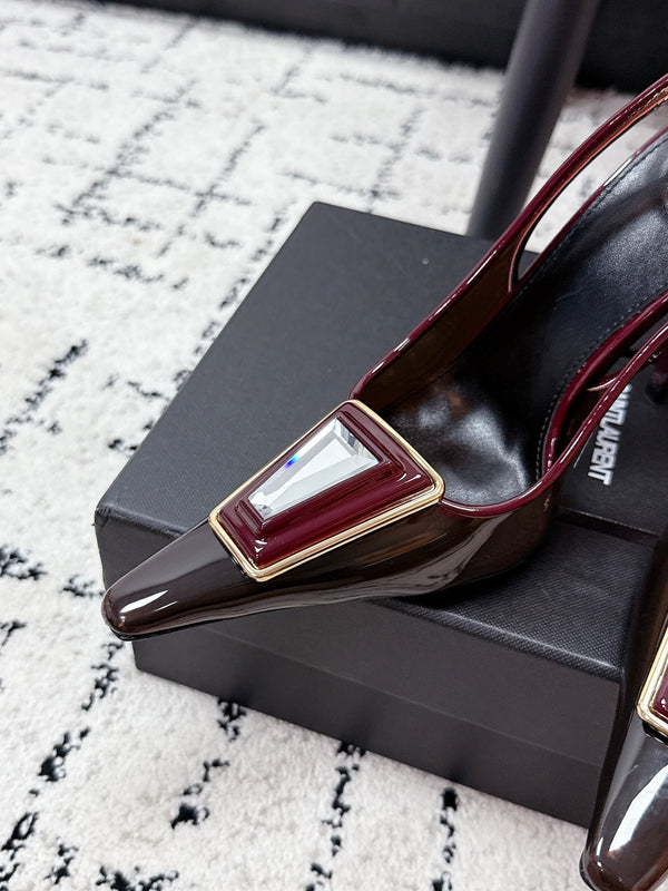 YSL Slingback High-Heeled 10.5 Burgundy in PVC Film 743652