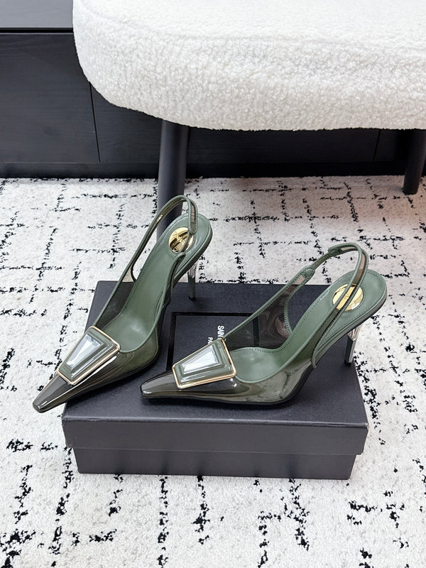 YSL Slingback High-Heeled 10.5 Dark Green in PVC Film 743651