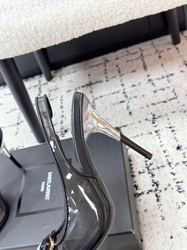 YSL Slingback High-Heeled 10.5 Black in PVC Film 743650